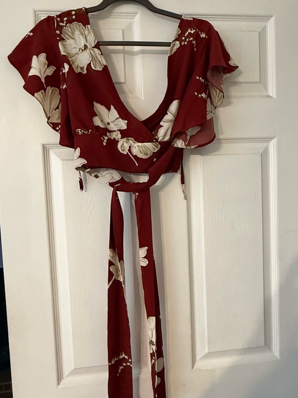 SHEIN Red Floral Wrap Blouse with Ruffle Sleeves & shorts